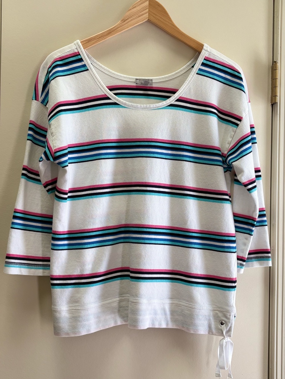 Talbots Striped Scoop Neck Knit Top in White with Teal & Pink Stripes